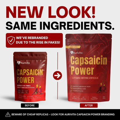 Aurivita Capsaicin Power packaging with branding change announcement on a white background