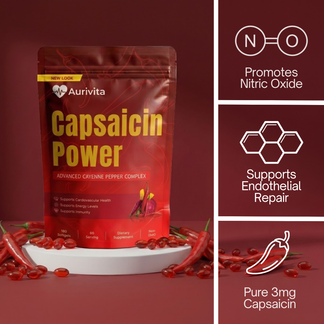 Aurivita Capsaicin Power supplement package with chili peppers on a red background