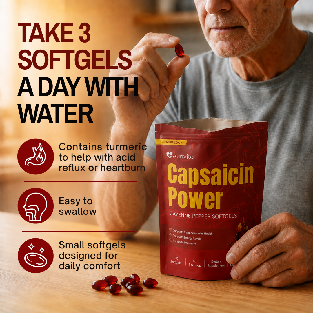 Man holding a package of Capsaicin Power softgels with text about their benefits.